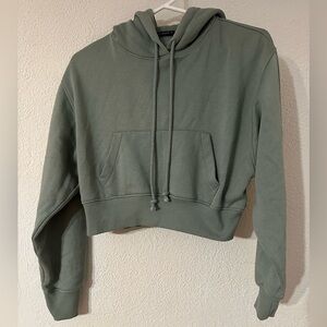 Zara Hoodie Women Sage Green Cotton Blend Cropped Pullover Kangaroo Pouch Size S